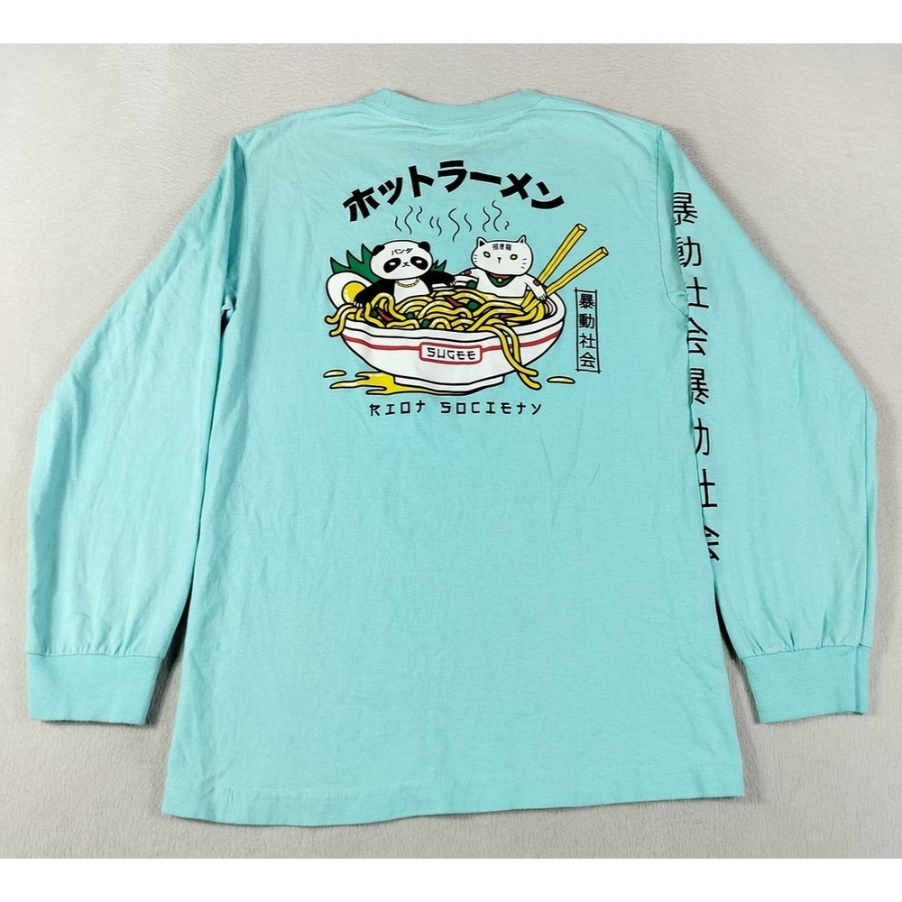 Riot Society Shirt Mens Small Blue Panda Ramen Graphic Long Sleeve Anime